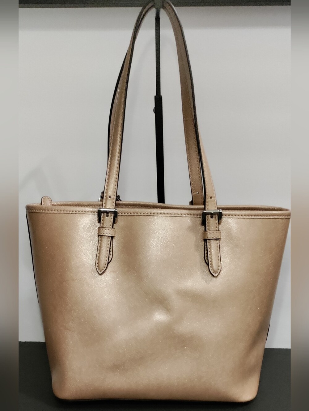 Michael Kors Metallic Gold Saffiano Leather Pocket Tote Shoulder Bag MK Charm
